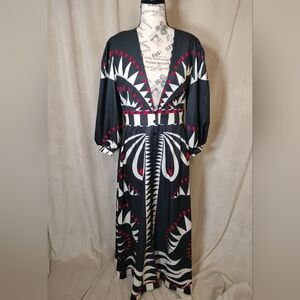 X&Z Maxi Dress w/Bold Boho Print in Black, Ivory & Red, Plunging V-Neck Size XL